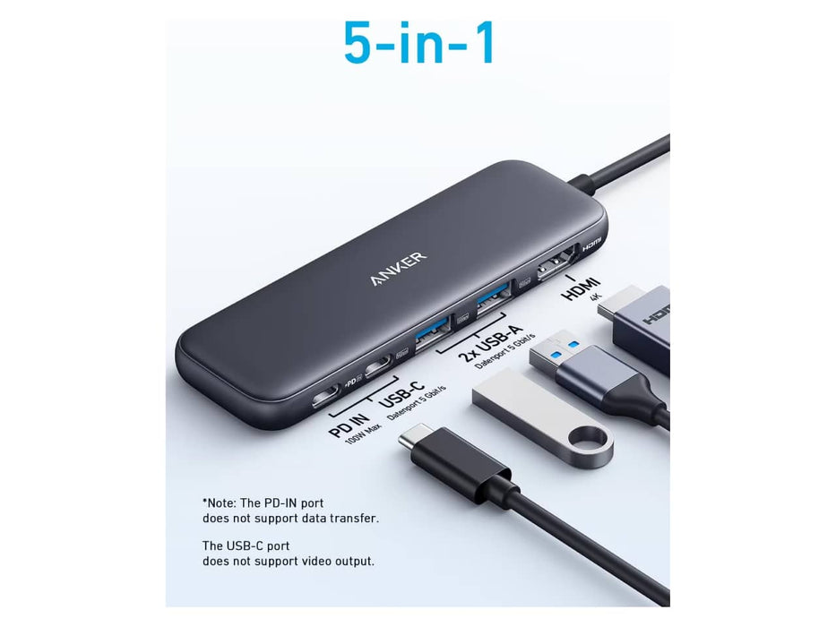 Anker USB-C Hub (5-in-1) w/ 1x 4K HDMI port, 1x USB-C Data Port, 2x USB-A Data Ports, and 1x USB-C Charge Port