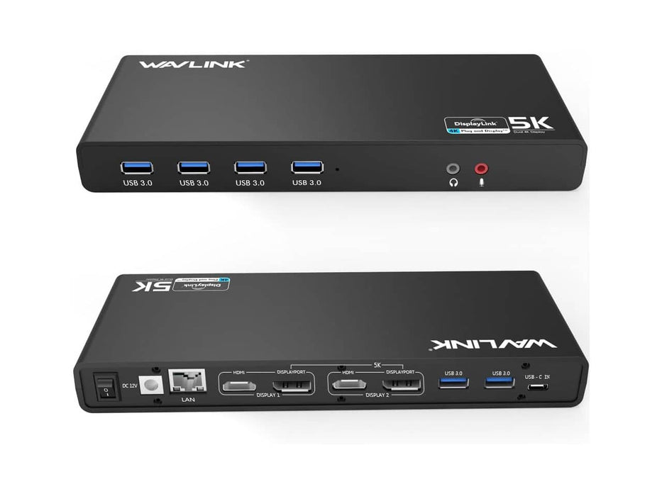 Wavlink USB-C Ultra 5K Universal Docking Station, USB-C, Type-A, HDMI, DisplayPort, Ethernet and Audio Out/Mic In. 6x USB 3.0 Ports.