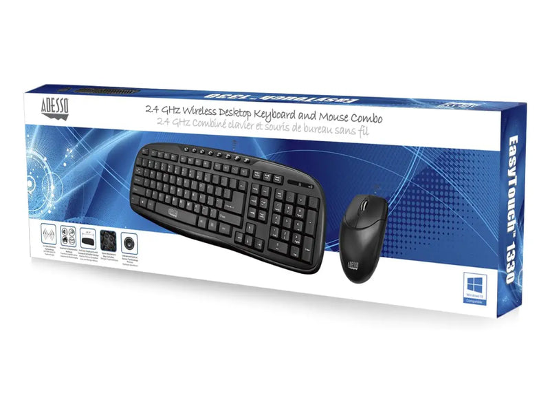 Adesso WKB-1330CB Wireless Keyboard and Mouse Combo, Ambidextrous Mouse, Multimedia Hotkeys, Long Battery Life, Black